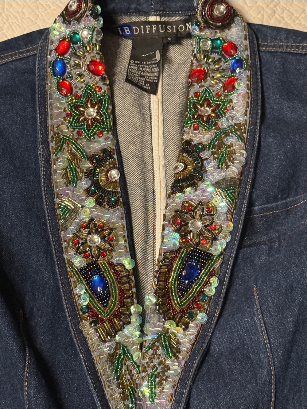 Vintage Embellished Shawl Collar Denim Blazer - Blue 4 - Picture 3 of 7